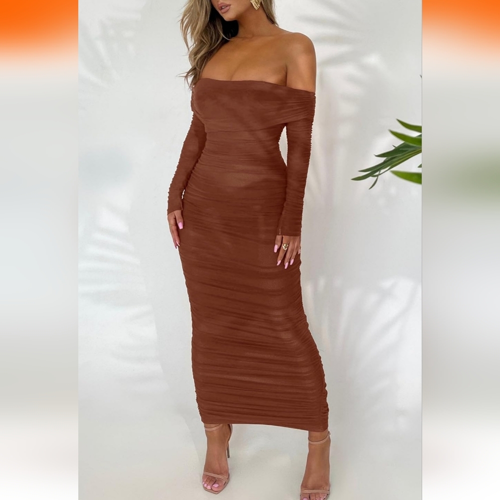 Off-Shoulder Rust/Brown/Burnt Orange Slimming Dress With Mesh Detail